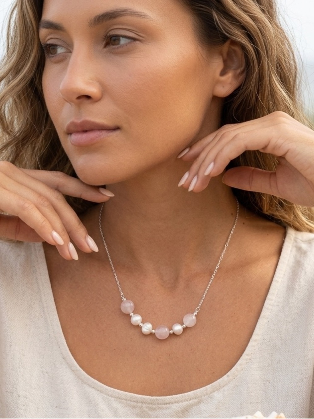 Sterling Silver Genuine Rose Quartz & Pearl Floating Necklace